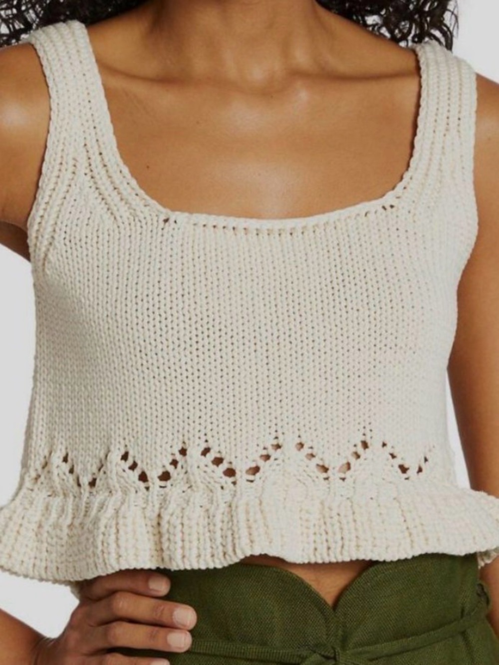 Sam Edelman Cream Knit Ruffle-Edge Crop Tank